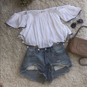 White Off the Shoulder Bohemian Top with PomPoms